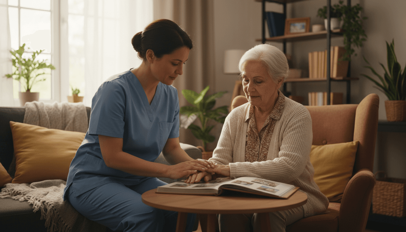 A warm, intimate documentary aesthetic photograph of a home health care aide assisting an elderly patient with gentle, supportive guidance during a daily activity.