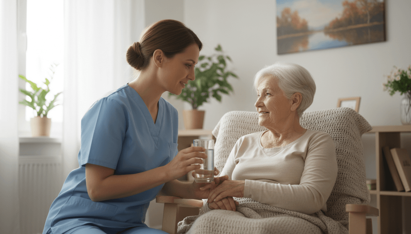 Nurse providing medical care to patient in a home setting.