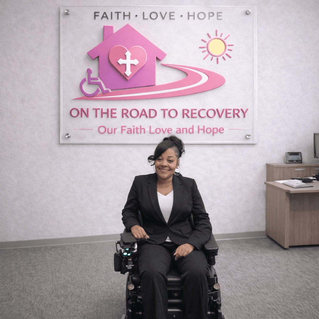 Smiling woman in a wheelchair sits before an "On the Road to Recovery" wall sign.
