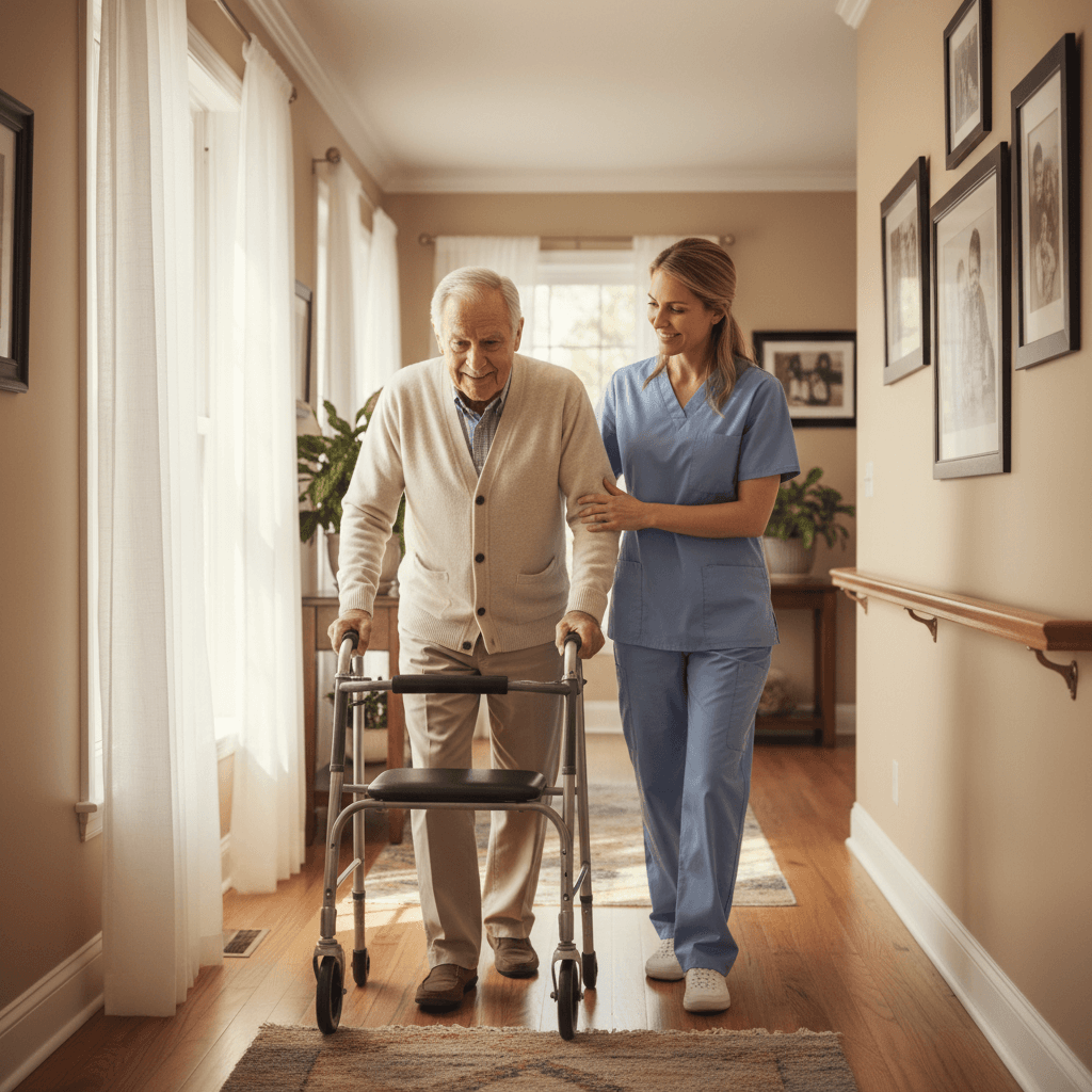 Caregiver supporting patient during mobility and recovery at home