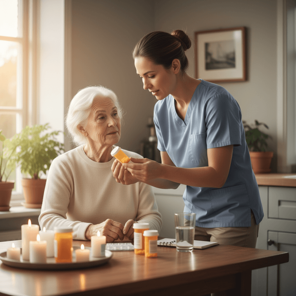 Patient and caregiver discussing medication at home