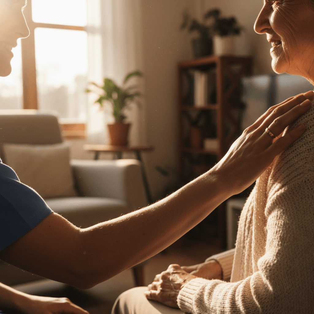Healthcare provider offering compassionate support to patient during home visit